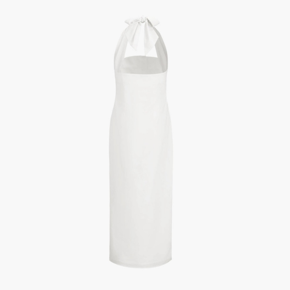 White square neck halter tie neck button front linen midi dress with open back - Picture 4 of 5